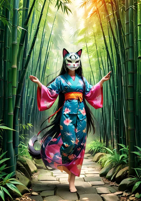 girl wearing a japanese japanese style cat mask、wearing a yukata、long straight hair with bangs、inside the bamboo forest、complex ...