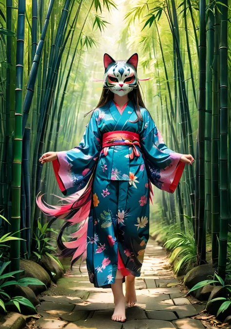 girl wearing a japanese japanese style cat mask、wearing a yukata、long straight hair with bangs、inside the bamboo forest、complex ...