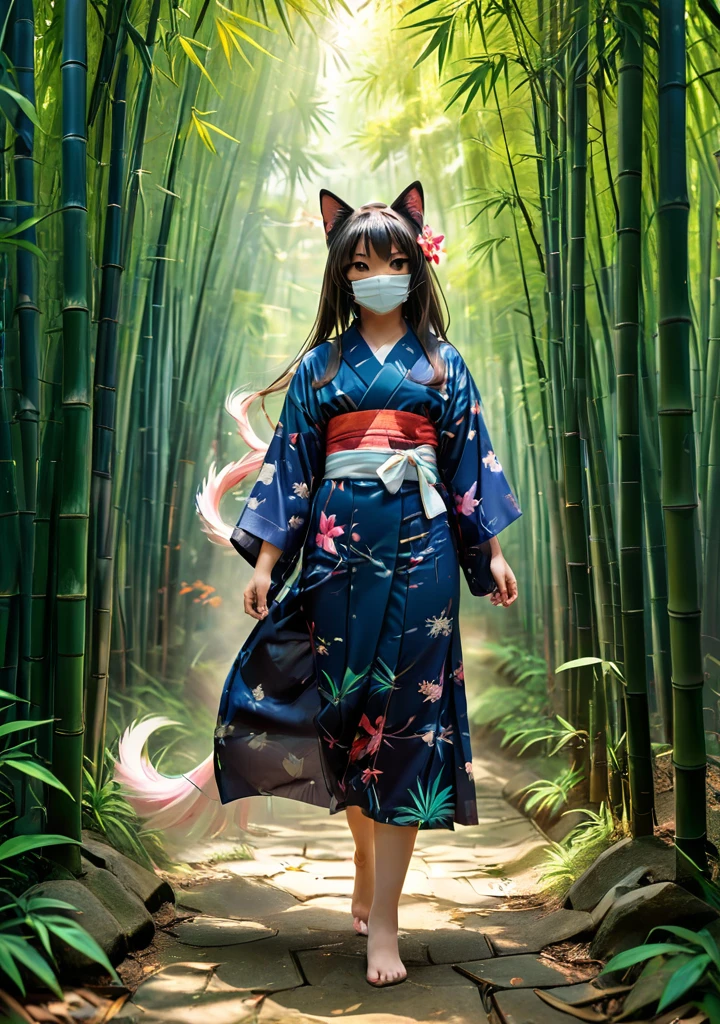 Girl wearing a Japanese Japanese style cat mask、Wearing a yukata、Long straight hair with bangs、Inside the bamboo forest、Complex colors, Art I、real photografic、High definition、detailded、all-body