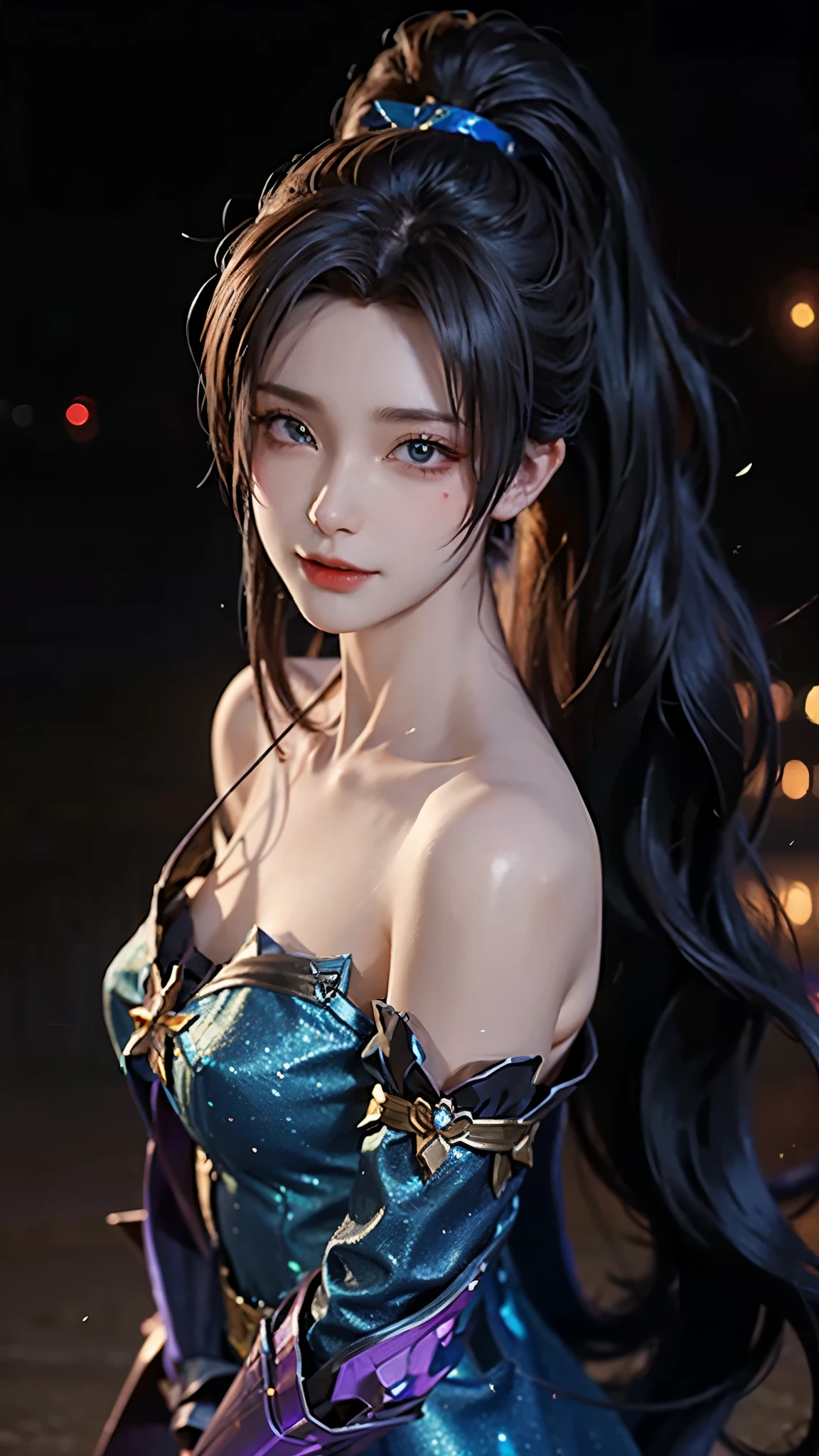 4k ultra high definition、best quality, masterpiece, Ultra-high resolution, (Reality: 1.4), 1 girl, Purple Eyes, Off-the-shoulder sweater dress, Light、purple and black hair、((Dark Makeup、Oily skin,有Light泽的皮肤、Realistic skin texture、Delicate and beautiful skin、容Light焕发的皮肤)), Dark city center at night、Kabukicho、Dark cyberpunk、(panoramic:1.8)(masterpiece, best quality, Extremely detailed, The best shadow), (Detailed background,Dark Fantasy), (Beautiful and delicate face), High contrast, (Optimal Lighting, Extremely refined), ((Light)), rich and colorful, Extremely detailed, 戏剧性的Light, Intricate details, (1 girl, solitary,Black Hair, Pointed face,Low double ponytail,Red Eyes, Hair between the eyes,Dynamic Angle), Blood splatter, Black Light swirling around the character, Depth of Field,Black Light particles,(shattered glass) Ultra-clear, Detailed description, Detailed legs, Oily skin, texture, best quality, 最好的Light线,  Detail face, clavicle, 腿very long, very long, Long hair random color, Eye color random, Light污染, 8K, 3d, Hair accessories with bows, Big goals, Smile, Express, action, sailor, Handcrafted, 8K HD, Star Guardian, Oily skin, Best Angle, Ultra-high-definition picture quality, role play, Unreal Engine, 最佳Light泽, best quality, masterpiece, Highest image quality, 