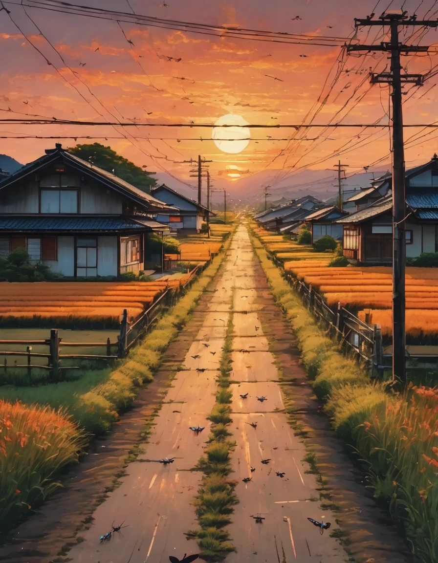 Long sidewalk between fields in rural Japan, beautiful sunset, dragonflies flying, telephone poles randomly appearing, nostalgic, intricate details, highly detailed, realistic, super detailed, 8k, masterpiece, dramatic lighting, warm colors, vivid colors, cinematic, picturesque, atmospheric, quiet landscape