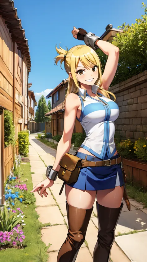 (masterpiece, best quality:1.2), solo, 1girl, lucy heartfilia, grin, looking at viewer, arms behind back, blue sleeveless shirt,...