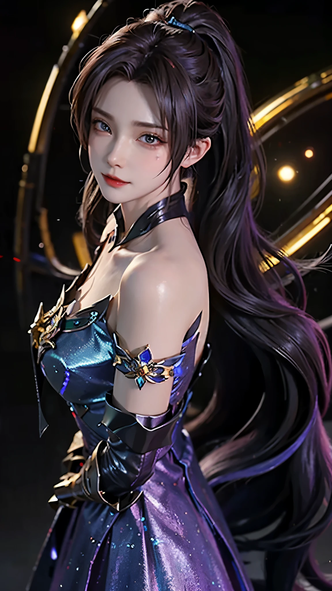 4k ultra high definition、best quality, masterpiece, Ultra-high resolution, (Reality: 1.4), 1 girl, Purple Eyes, Off-the-shoulder sweater dress, Light、purple and black hair、((Dark Makeup、Oily skin,有Light泽的皮肤、Realistic skin texture、Delicate and beautiful skin、容Light焕发的皮肤)), Dark city center at night、Kabukicho、Dark cyberpunk、(panoramic:1.8)(masterpiece, best quality, Extremely detailed, The best shadow), (Detailed background,Dark Fantasy), (Beautiful and delicate face), High contrast, (Optimal Lighting, Extremely refined), ((Light)), rich and colorful, Extremely detailed, 戏剧性的Light, Intricate details, (1 girl, solitary,Black Hair, Pointed face,Low double ponytail,Red Eyes, Hair between the eyes,Dynamic Angle), Blood splatter, Black Light swirling around the character, Depth of Field,Black Light particles,(shattered glass) Ultra-clear, Detailed description, Detailed legs, Oily skin, texture, best quality, 最好的Light线,  Detail face, clavicle, 腿very long, very long, Long hair random color, Eye color random, Light污染, 8K, 3d, Hair accessories with bows, Big goals, Smile, Express, action, sailor, Handcrafted, 8K HD, Star Guardian, Oily skin, Best Angle, Ultra-high-definition picture quality, role play, Unreal Engine, 最佳Light泽, best quality, masterpiece, Highest image quality, 