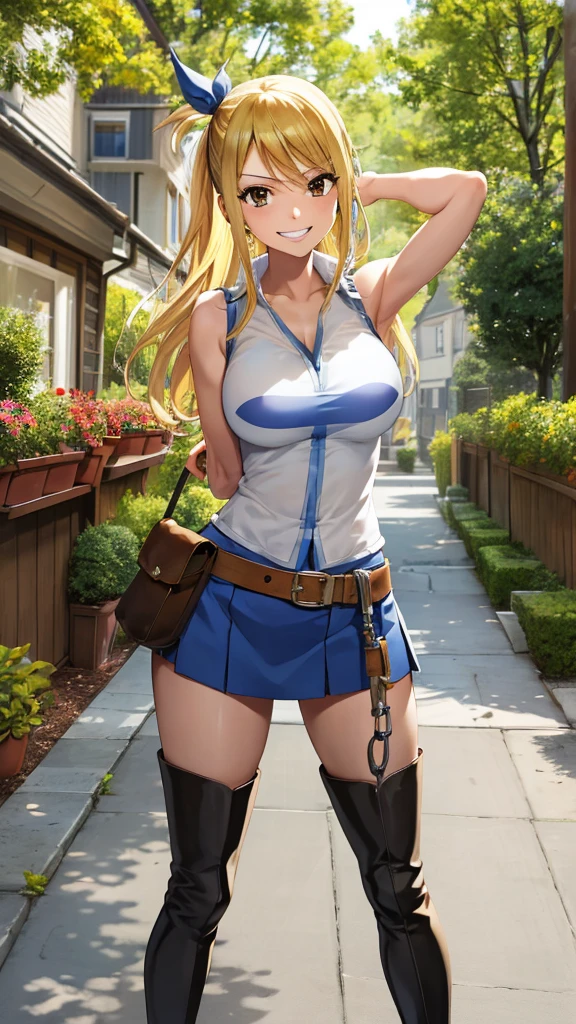 (masterpiece, best quality:1.2), solo, 1girl, lucy heartfilia, grin, looking at viewer, arms behind back, blue sleeveless shirt, miniskirt, belt pouch, thigh boots, brown boots,metal shackles