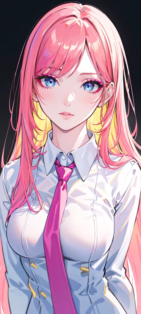 a young woman with short pink-yellow hair, detailed blue makeup, wearing a white shirt and pink necktie, simple background, (bes...