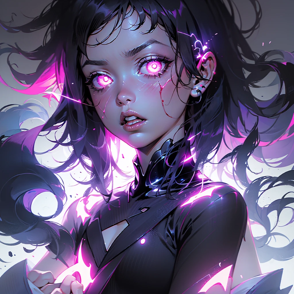 a close up of a person with blood on their face, manga cover, neon pink, mysterious black slime, 🎀 🪓 🧚, by Xiao Yuncong, tiktok, horrified expression, glitchpunk