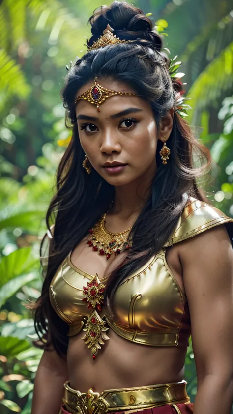 create a hyper realistic photo a beautiful indonesian woman as a hero in dynasty kingdom of majapahit, wearing small gold neklac...