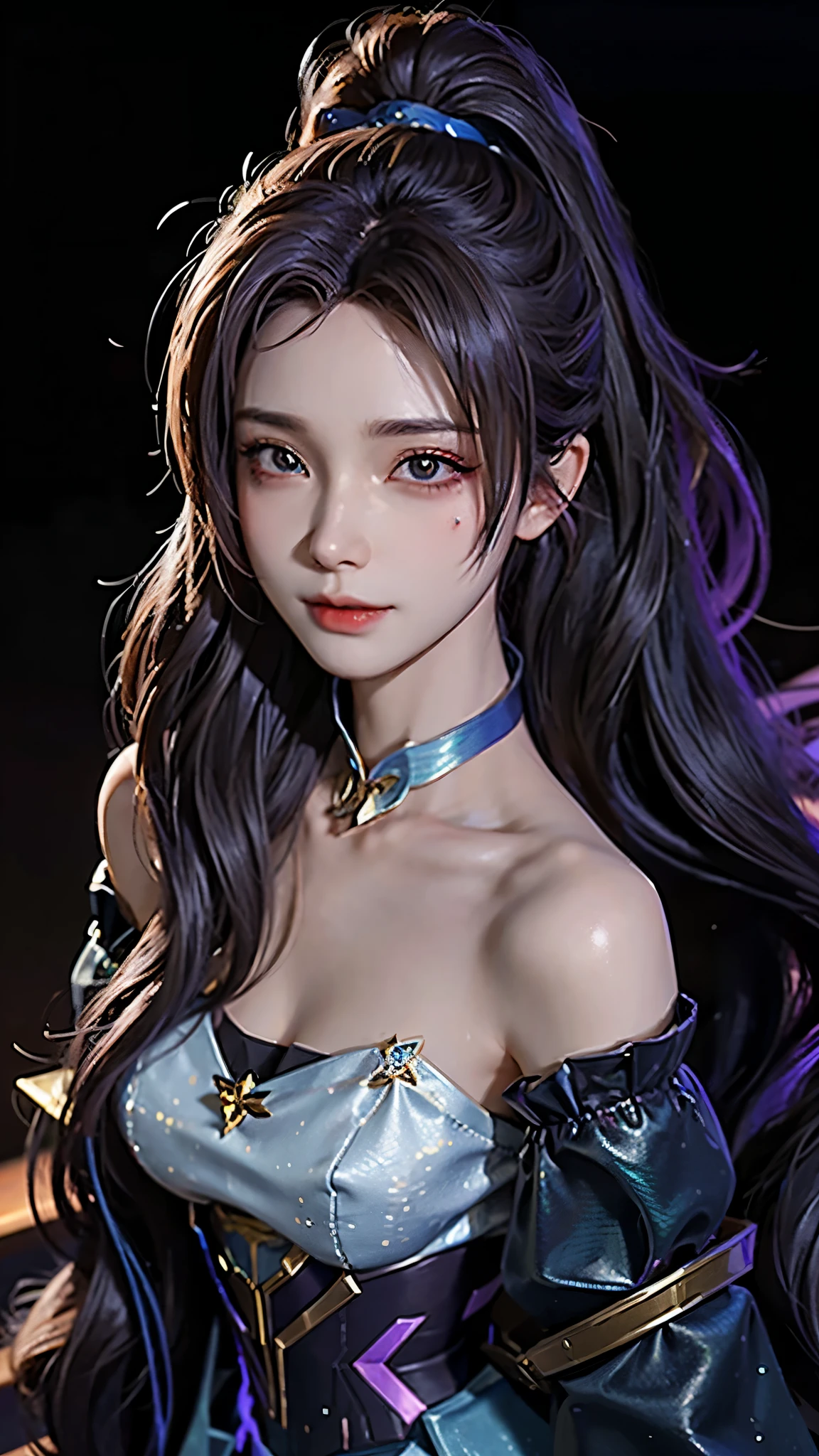 4k ultra high definition、best quality, masterpiece, Ultra-high resolution, (Reality: 1.4), 1 girl, Purple Eyes, Off-the-shoulder sweater dress, Light、purple and black hair、((Dark Makeup、Oily skin,有Light泽的皮肤、Realistic skin texture、Delicate and beautiful skin、容Light焕发的皮肤)), Dark city center at night、Kabukicho、Dark cyberpunk、(panoramic:1.8)(masterpiece, best quality, Extremely detailed, The best shadow), (Detailed background,Dark Fantasy), (Beautiful and delicate face), High contrast, (Optimal Lighting, Extremely refined), ((Light)), rich and colorful, Extremely detailed, 戏剧性的Light, Intricate details, (1 girl, solitary,Black Hair, Pointed face,Low double ponytail,Red Eyes, Hair between the eyes,Dynamic Angle), Blood splatter, Black Light swirling around the character, Depth of Field,Black Light particles,(shattered glass) Ultra-clear, Detailed description, Detailed legs, Oily skin, texture, best quality, 最好的Light线,  Detail face, clavicle, 腿very long, very long, Long hair random color, Eye color random, Light污染, 8K, 3d, Hair accessories with bows, Big goals, Smile, Express, action, sailor, Handcrafted, 8K HD, Star Guardian, Oily skin, Best Angle, Ultra-high-definition picture quality, role play, Unreal Engine, 最佳Light泽, best quality, masterpiece, Highest image quality, 