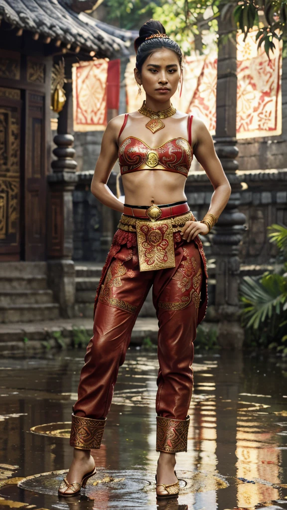 Very realistic, front view, beautiful Javanese girl (long hair tied in a bun with a small gold pin and red cloth hair tie), wearing a futuristic and elaborate Majapahit warrior ((red bustier),(red cloth obi),(calf length trousers at the end of the trousers gold lace typical of Majapahit),(black leather belt decorated with gold),(red batik cloth with unique motif)), holding a sword, red neon lights flashing through the sword, has elegant black strappy sandals, standing on a puddle of water, with a background behind an ancient village in the era of the Majapahit kingdom, decorated with bright colors that appear in 8K.uhd.HD resolution