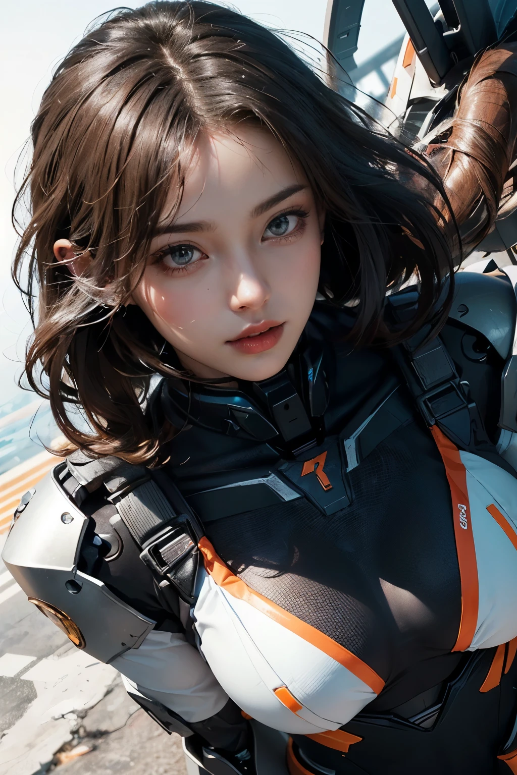 The basic color of the mecha is black masterpiece,Background white bright top quality, high quality, (Portrait of a real person) (future:1.1), (Orange Cyberpunk Suit), Soft Lighting, (Exquisite future), Sergeant personnel soldier sniper soldier mecha costume beautiful and beautiful, Ultra Detailed, Amazing composition, floating, Depth of Field, (Plain white wallpaper), (Beautiful detail background), Beautiful hair details, Dramatic Lighting, Gogeta, mechanical,best quality,Ultra-high resolution,Photorealistic,,(Hair blowing in the wind),((The angle from which you shot from directly above)),(Confident expression),(Looks arrogant)(Fashion pose),((Thunder)),(it&#39;s very windy),(Hair blowing in the strong wind),wet, go out, 