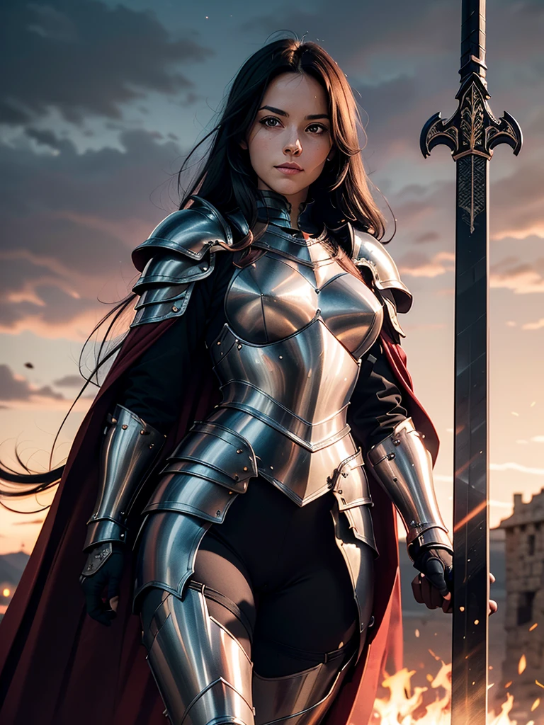 View from afar，masterpiece，rich details，1 woman, single person，black hair with one gray strand，long hair，Red eyes，Royal face，30 years old, woman，large breast，Black armor，Heavy armor，Plated pure black steel armor ，Full body shows only the face，helmet，Armor，Reloading armor，Lady Knight，Giantess，tall，Strong，looks down at the viewer，Full body diagram，Full body armor coverage，steel armor，Full body diagram，Long legs,  sword，Dark armor，blood red sky，Black castle background，Sword in hand，Heavy steel cuirass，Black and red armor，holding a sword，Crimson sky，Black leather boots，Thick armor，k hd，4K，smile，tenderness，Shark teeth，Black and red armor, red sky