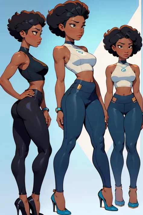 afro american girl, dark skin, behind view, afro haircut, 1 girl, solo, (black leggins) (crop tank top), high heel shoes, slevel...