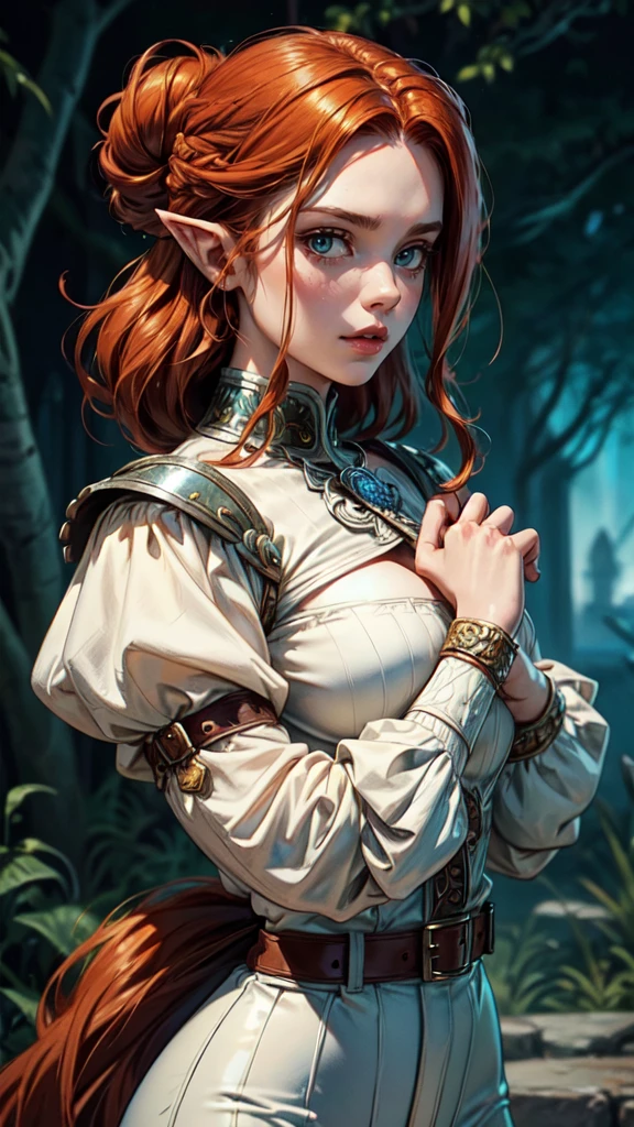 (Face-BarbaraPalvin:0.8) (D&D rogue character:1.2) painting ginger woman auburn hair (updo:1.1) white button shirt see through leather pants pauldron teal armor belts straps detailed background ancient ruins (small_breasts:1.1) (masterpiece) (best quality) (detailed) (8k) (wallpaper) (cinematic lighting) (sharp focus) (intricate) (Style-Autumn:0.5),detailed face, detailed eyes, detailed hands, elf woman
