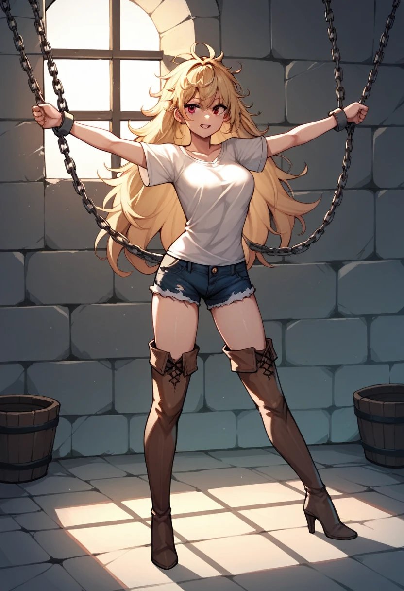 score_9, score_8_up, score_7_up, score_6_up, score_5_up, score_4_up, source_anime, 1girl, blonde hair,long hair, red eyes, w-w-chain, spread arms, messy hair, white shirt,shorts,thigh high boots, brown boots,heels,dungeon, best quality, best res, 4K UHD, 8K UHD
 