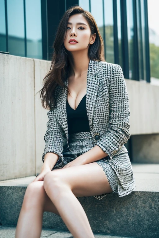 (Highest quality、Ultra-high resolution、masterpiece、8K、Realistic raw photo)、(Delicate face、Detailed eyes and face、Watery eyes、double eyelid、Glossy lips), ((1 girl)) 、Very beautiful woman、Slender、Slim Big、Sharp long legs、Alluring and sexy、(Houndstooth blazer:1.2)、(Houndstooth skirt:1.2),(silk pantyhose:1.1),(High heels)、Cleavage、High-definition skin texture、The wind is blowing、Sunlight shining、Modern architecture in the background、Above the knee shot、((Perfect Anatomy、Anatomically correct:1.2))
