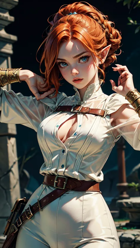 (Face-BarbaraPalvin:0.8) (D&D rogue character:1.2) painting ginger woman auburn hair (updo:1.1) white button shirt see through l...