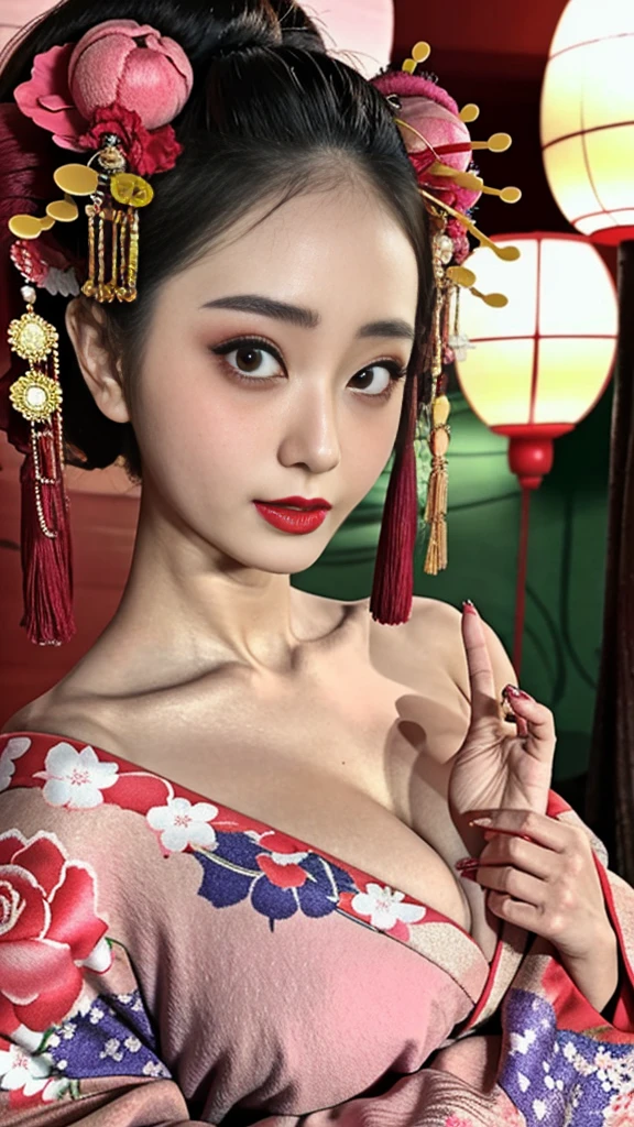 4k, masterpiece, High resolution, confused,Natural volume lighting and best shadows, 笑face,deep i is written in the depth of the world,soft delicate beautiful attractive face, beautiful edge courtesan_woman, a woman in a kimono posing for a picture  ,Courtesan with perfect edges_face,Courtesan with perfect edges_body,edgOiran_compensate,edgOiran_hairstyle