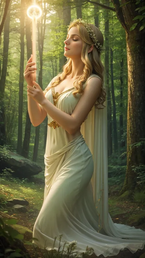 Image of Greek goddess Aphrodite sending healing light energy to many people, surrounded by forest, realistic, detailed, etherea...