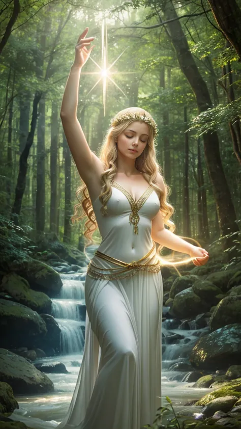 many people, Image of Greek goddess Aphrodite sending healing light energy to many people, surrounded by forest, realistic, deta...