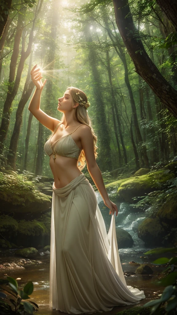 多くの人々, Image of Greek goddess Aphrodite sending healing light energy to 多くの人々, 森に囲まれて, 現実的, 詳細, 霊妙な, 神秘的, 柔らかい照明, 夢のような雰囲気, 精神的な儀式, 調和のとれた環境, 柔らかいパステルカラー, 霊妙な soft background, ソフトフォーカス