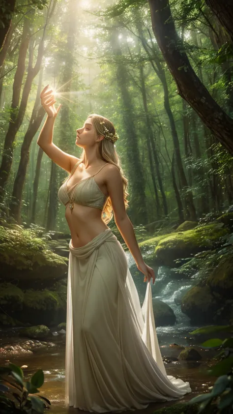 many people, Image of Greek goddess Aphrodite sending healing light energy to many people, surrounded by forest, realistic, deta...