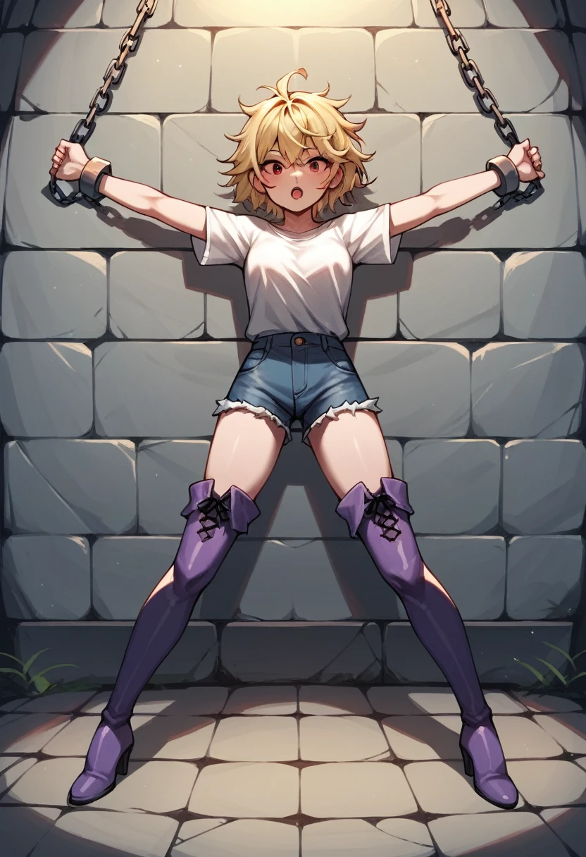 score_9, score_8_up, score_7_up, score_6_up, score_5_up, score_4_up, source_anime, 1girl, blonde hair, red eyes, w-w-chain, spread arms, messy hair, white shirt,shorts,thigh high boots,purple boots,heels,dungeon, best quality, best res, 4K UHD, 8K UHD
 