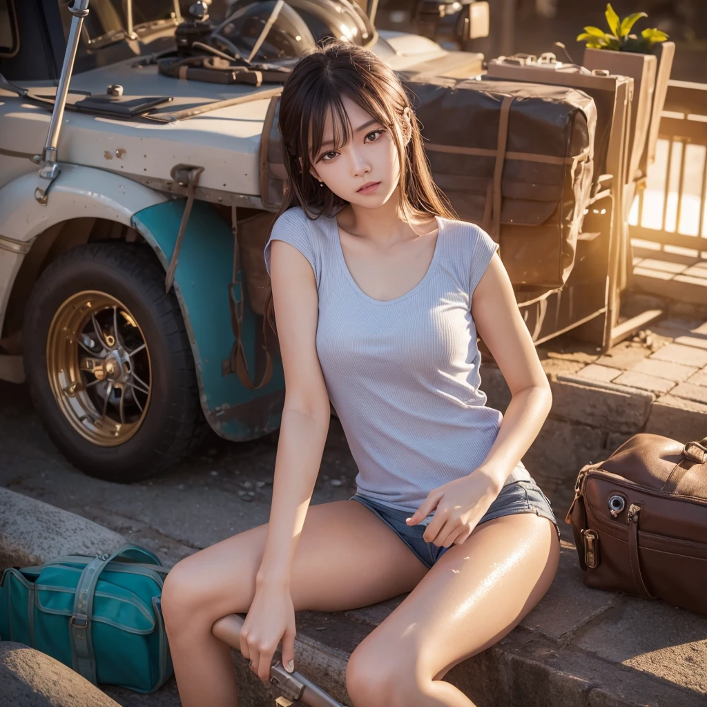 
Real nami in one piece , holding a stylish bag, sitting on the barrel of a replica tank toys gun modified with the strongest material, wearing a a thin shirt that was wet with sweat , realistic, 8K.flowers,sunset,in dark,dark theme, masterpiece,official art,best quality,ray tracing,volumetric light,realistic,photorealistic,ultra highres,vivid, woman ,  close up