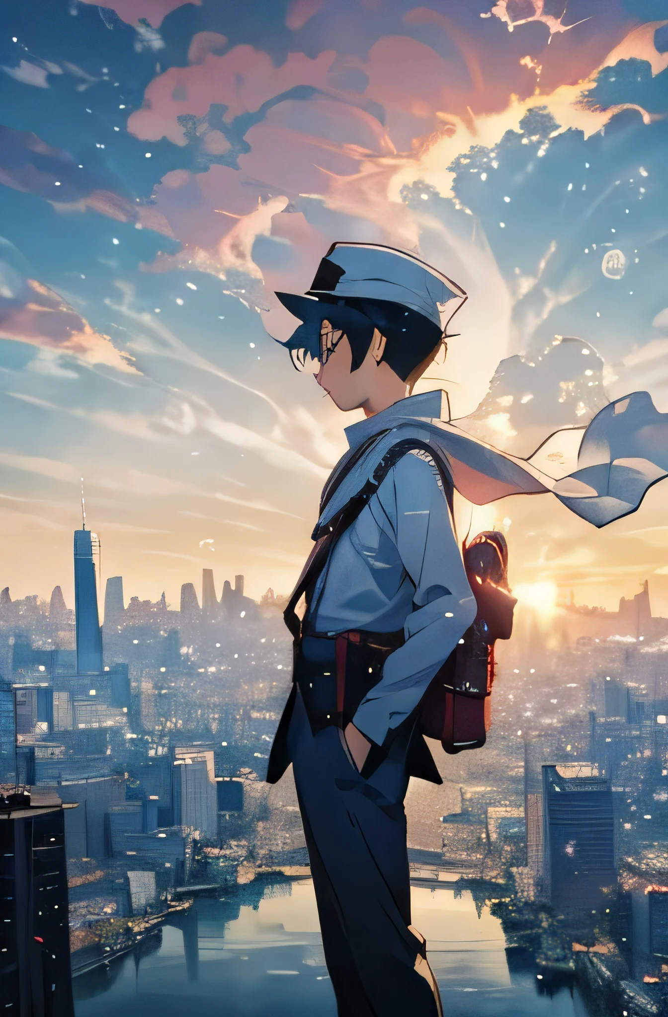 a boy standing in the middle of a city with bubbles floating in the air wearing a hat, bubbly scenery,  floating bubbles, escaping air bubbles, anime background art, beautiful anime scene, beautiful anime scenery, anime background, bubbles in the air.