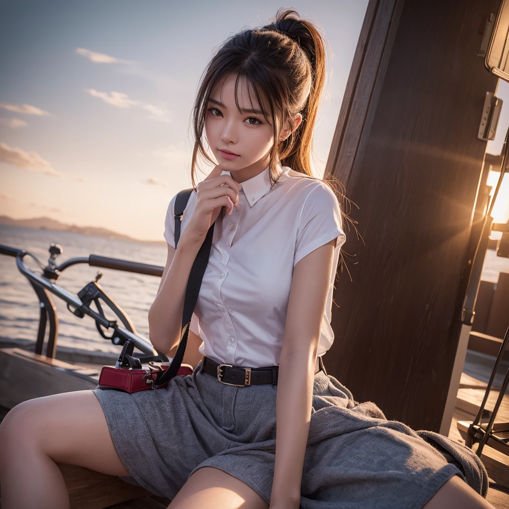 
A woman 20th, holding a stylish bag, sitting on the barrel of a replica tank toys gun modified with the strongest material, wearing a a thin white shirt that was very wet with sweat , realistic, 8K.flowers,sunset,in dark,dark theme, masterpiece,official art,best quality,ray tracing,volumetric light,realistic,photorealistic,ultra highres,vivid, woman ,  close up