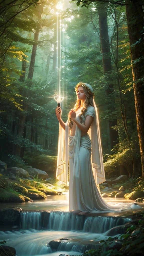 Image of Greek goddess Aphrodite sending healing light energy to many people, surrounded by forest, realistic, detailed, ethereal, mysterious, soft lighting, dreamy atmosphere, spiritual ritual, harmonious environment, soft pastel colors, ethereal soft background, Soft Focus