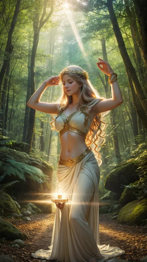 Image of Greek goddess Aphrodite sending healing light energy to many people, surrounded by forest, realistic, detailed, etherea...