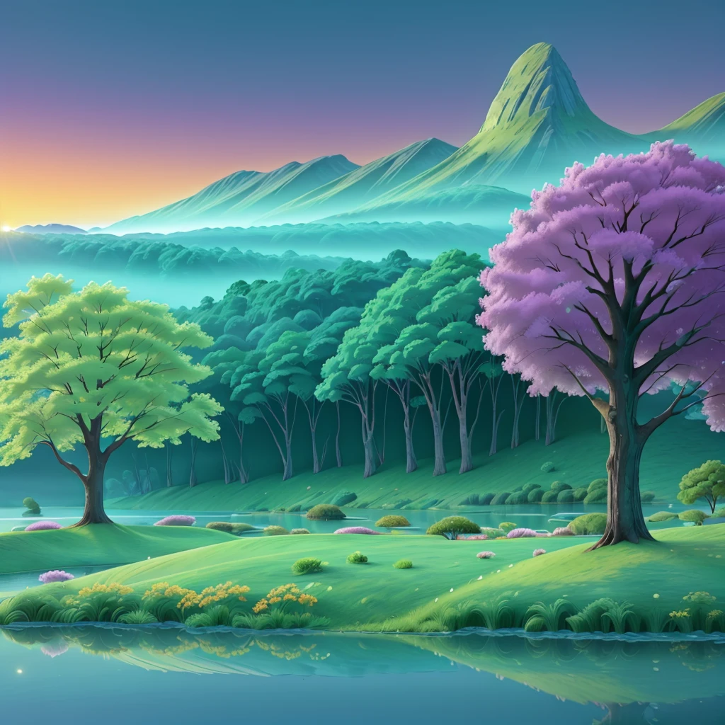 Imagine a serene lake nestled among rolling hills, its surface as smooth as glass. The first light of dawn begins to break over the horizon, casting a soft, golden glow across the landscape. Gentle mist rises from the water, creating an ethereal atmosphere. The sky is painted with hues of pink, orange, and purple, reflecting perfectly on the mirror-like surface of the lake. In the distance, a solitary tree stands silhouetted against the vibrant sky, its branches reaching out as if to greet the new day. The scene is calm and peaceful, evoking a sense of wonder and tranquility.