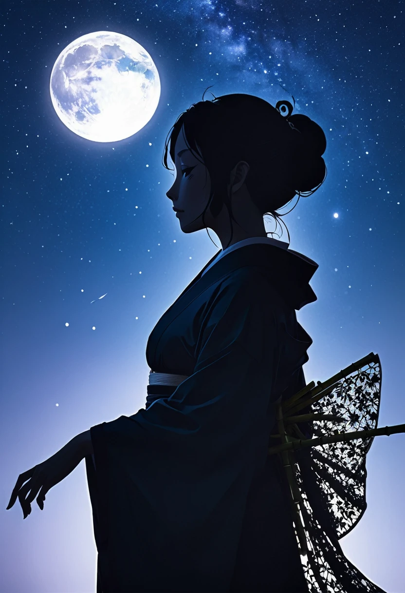 (((Silhouette Art))), Orihimes Trauer darüber, durch die Milchstraße getrennt zu sein, wird vermittelt, als sie ihren rechten Arm ausstreckt und den Abschied bedauert, Nahaufnahme, Profil, Nahaufnahme, mit ausgestreckten Armen zum Abschied,Die Kleidung ist ein Kimono, ((Doppelgefährdung:1.3, Bambusdekoration)), eine traditionelle japanische Tracht mit Spitze an den Ärmeln, Mond, arigatou, von unten, dynamischer Winkel, Wegschauen, Bambusdekoration