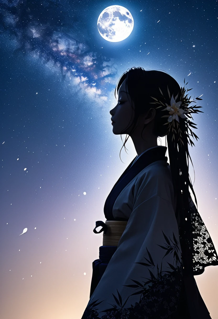 (((silhouette art))), Orihime's sadness at being separated by the Milky Way is conveyed, as she stretches out her right arm and regrets parting, close-up, profile, Close-up, arms outstretched as they bid farewell,The clothing is a kimono, ((Double exposure:1.3, bamboo decoration)), a traditional Japanese folk costume with lace on the sleeves, moon, arigatou, from below, dynamic angle, looking away, bamboo decoration