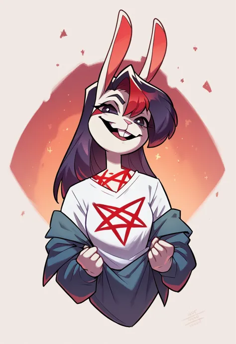 Fold Rabbit, with red markings, in a jumper with a pentagram and a shirt, Eternal smile,thin build, sinewy, elongated
