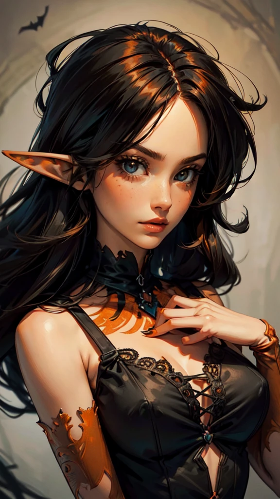 model woman, medium breast, (((orange black long messy hair)))intricate body, Halloween dress symmetrical face, character concept art. by Ashley Wood,detailed face, detailed eyes, detailed hands, elf woman
