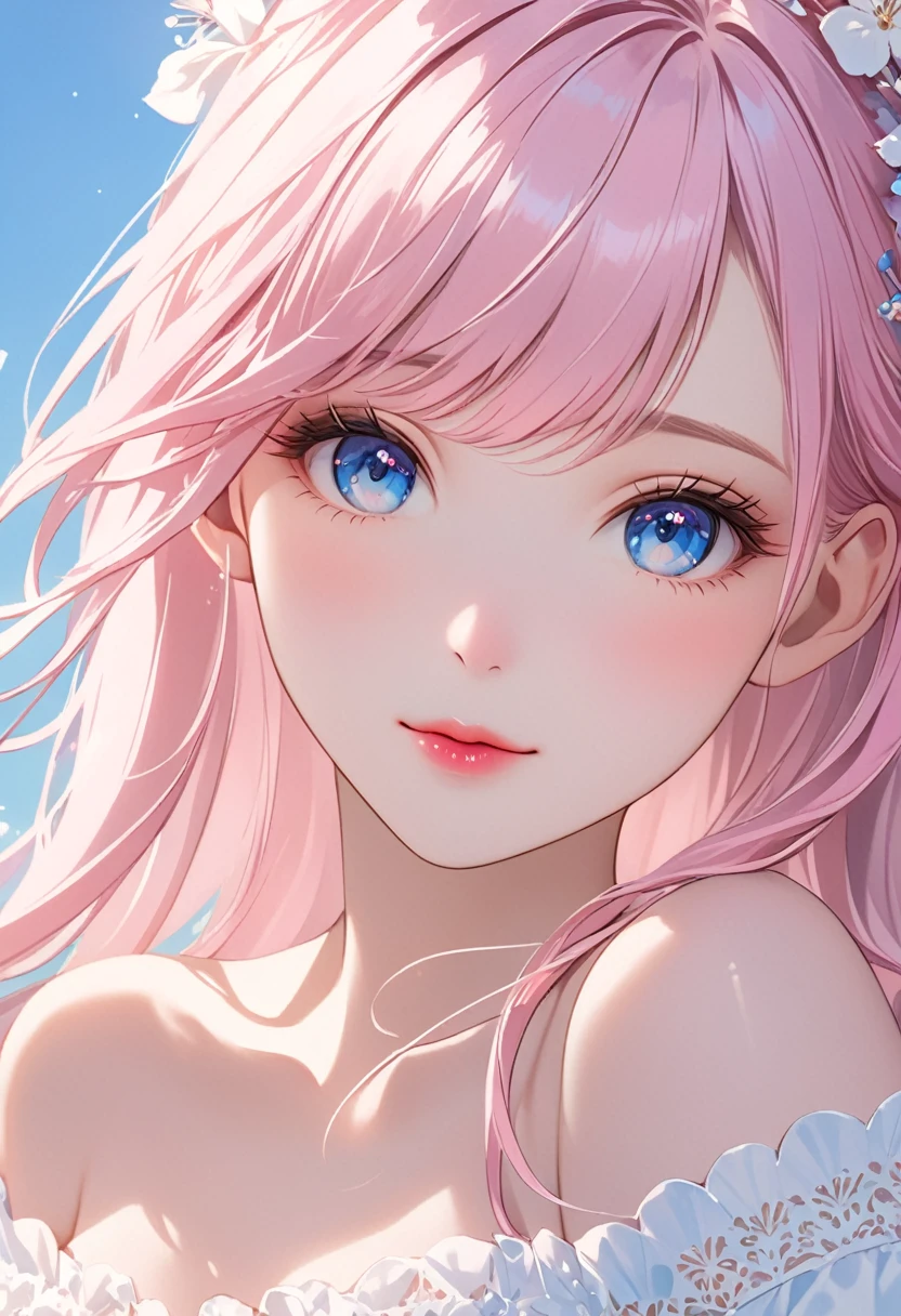 (Highest quality、masterpiece、Ultra-fine、Ultra-fine、delicate、delicate、16K、Full HD) 、((boost mood)),One girl, alone,One girl, lillia, One Girl、Pink long hair、blue eyes、White dress with black lace、large pink ribbon on the chest、sunny、smile、(full of energy)(Blue eyes、Long eyelashes、White skin、slim、Pale pink lips、Pale pink cheeks、thin and long)、(thin and high nose、Small Nose)、