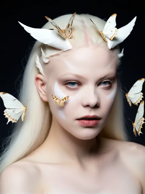 Grotesque, horror, Albino, female chimera, Moths, close-up, professional photo