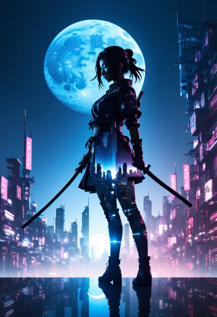  mate piece, silhouette, Kunoichi, logo, monotony, moon, double exposure, cyberpunk city, depth of field, (holographic glow effect), from below, low angle shot, masterpiece,