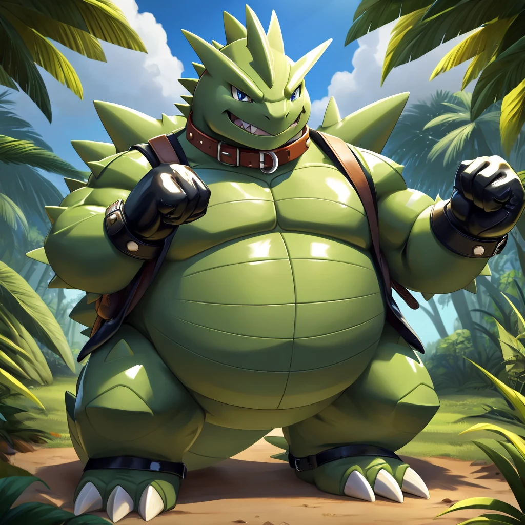 Solo, Male, fat, extremely obese, gentleman, dapper Professor Tyranitar, blue eyes, (posing:1.3), (soft shading), 4k, hi res, ((detailed face, detailed)), looking at viewer, evil grin, jungle, forest, collared shirt with buttons, top hat, male focus, Explorer Outfit, glasses, monocle, bag, vest with buttons, backpack, sleeves rolled up, round eyewear, brown headwear, brown vest, Tyranitar is wearing a glossy leather dog collar around the neck, Tyranitar is wearing the leather collar and shirt and vest at the same time, Tyranitar is wearing glossy white rubber gloves on the hands, wearing white rubber gloves on the feet, Tyranitar is wearing glossy white cuffs around the wrists with cufflinks, gloves are rubber in texture, clenching teeth, clenching fists, leather collar is glossy and shiny with a lot of detail, Tyranitar is wearing gloves and cuffs and cufflinks at the same time, leather collar has a round dog-tag, leather collar is thick and detailed.