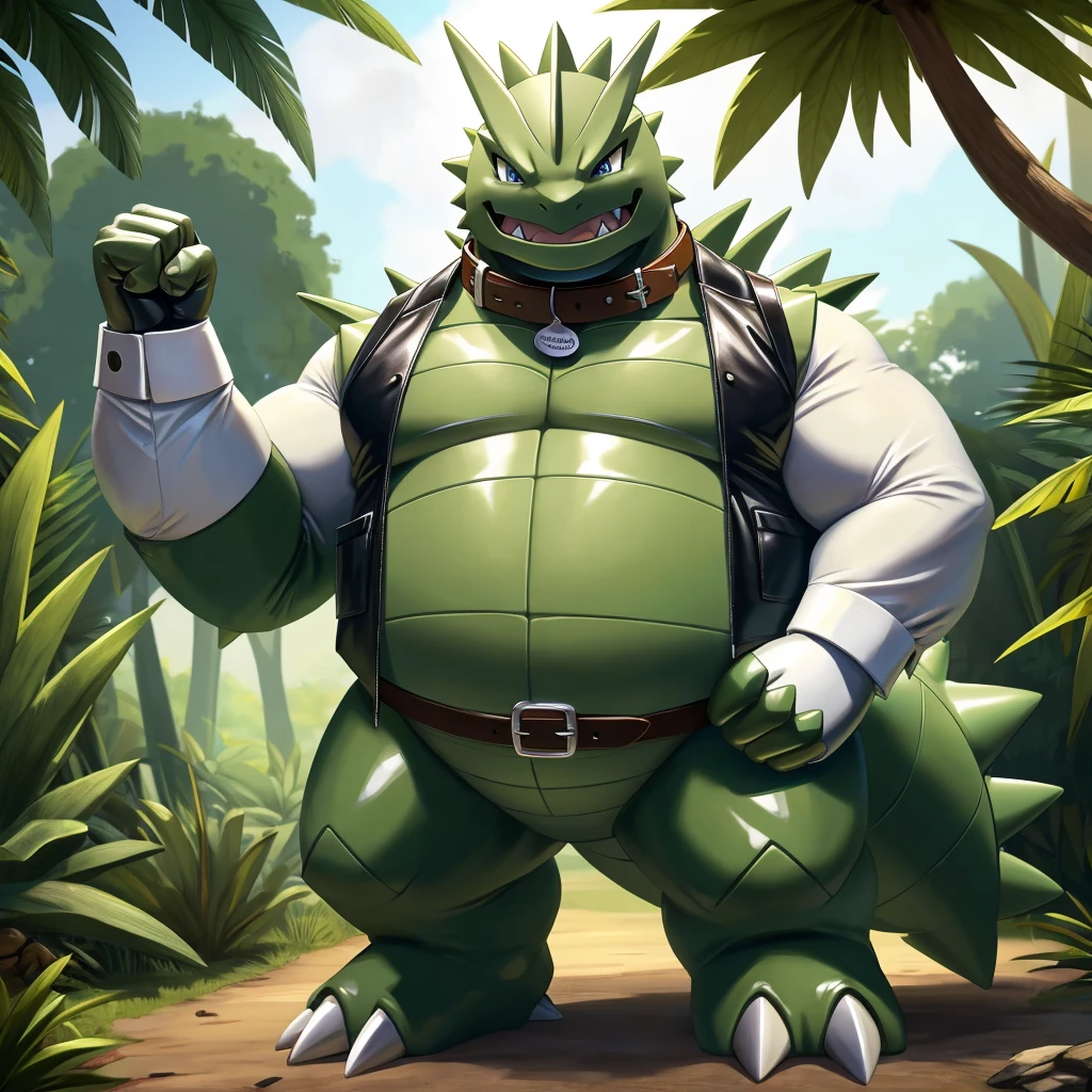 Solo, Male, fat, extremely obese, gentleman, dapper Professor Tyranitar, blue eyes, (posing:1.3), (soft shading), 4k, hi res, ((detailed face, detailed)), looking at viewer, evil grin, jungle, forest, collared shirt with buttons, top hat, male focus, Explorer Outfit, glasses, monocle, bag, vest with buttons, backpack, sleeves rolled up, round eyewear, brown headwear, brown vest, Tyranitar is wearing a glossy leather dog collar around the neck, Tyranitar is wearing the leather collar and shirt and vest at the same time, Tyranitar is wearing glossy white rubber gloves on the hands, wearing white rubber gloves on the feet, Tyranitar is wearing glossy white cuffs around the wrists with cufflinks, gloves are rubber in texture, clenching teeth, clenching fists, leather collar is glossy and shiny with a lot of detail, Tyranitar is wearing gloves and cuffs and cufflinks at the same time, leather collar has a round dog-tag, leather collar is thick and detailed.