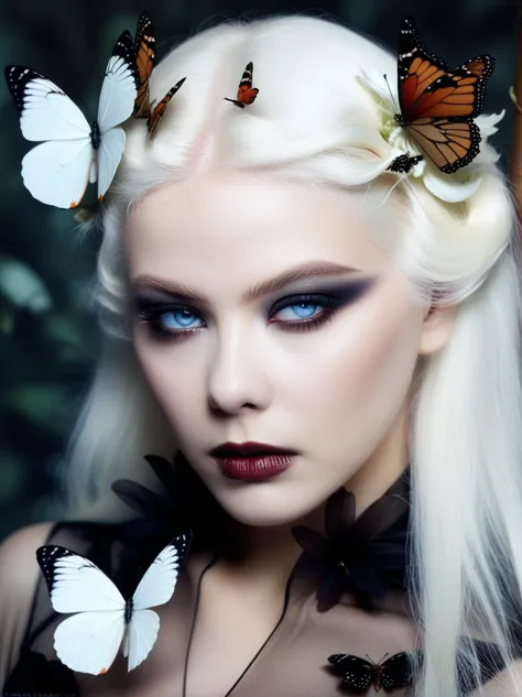 a close up of a woman with white hair and butterflies on her head, beautiful and creepy, white skin and reflective eyes, flora b...