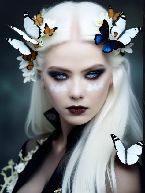 a close up of a woman with white hair and butterflies on her head, beautiful and creepy, white skin and reflective eyes, flora b...