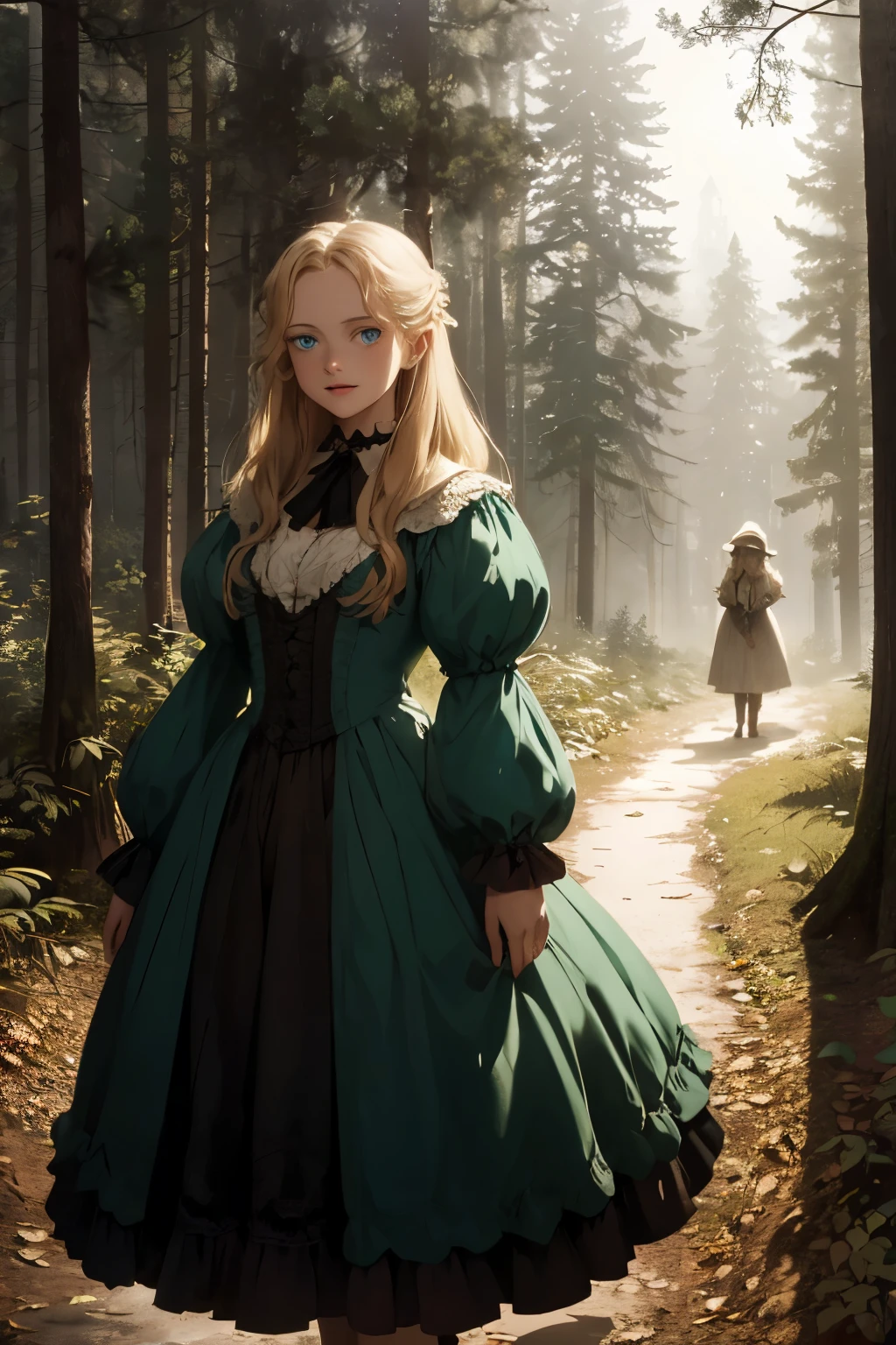 wide angle, detailed reproduction of a forest surrounded by fog up to a height of one meter. clear starry sky with a big full moon, bare trees, winter, two girls, (Virginia Otis, 15 years old (blond hair, blue eyes)) pose with (16 years old Georgie Gerald (blond hair, green eyes)). Victorian style. thin, cute face, walks at night in Canterville Castle (inspired by the novel The Canterville Ghost). aged 1887, Victorian fantasy