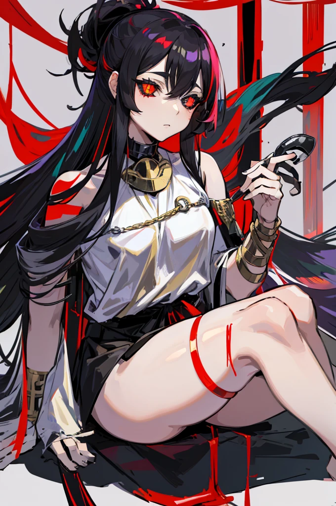 Female, Anime, Heterochromia, Melinoë from Hades II, black long hair, ponytail, greek style toga, "red eye on black sclera",  size, green eye on white sclera, "replace the white surrounding the red eye with black",