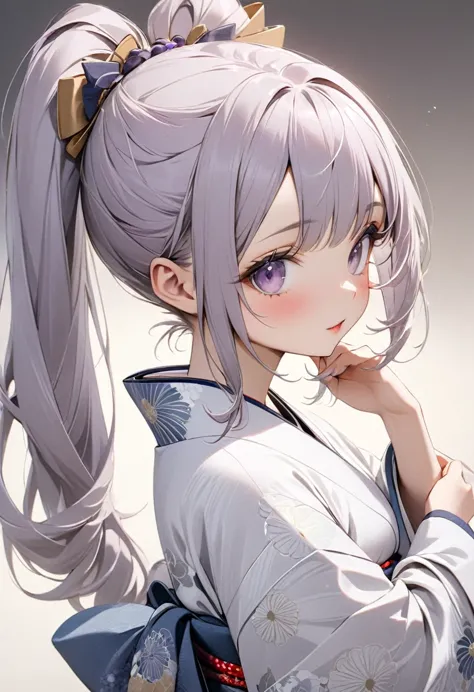 Playful and cute oriental girl with twin ponytails.Light purple gray long hair.Double ponytail hairstyle，Texture、Beautiful white...