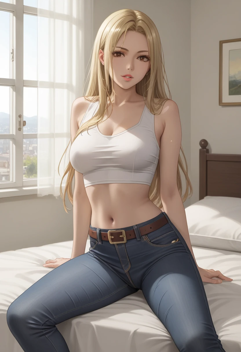 score_9_up, score_8_up, score_7_up, 1girl, solo, mature female,((Tsukumo Yuki)), ((blonde long hair)), brown eyes, pink lips, parted lips, fit slim body,(((perfect erected medium breast))) (((black tight top, tight jeans, belt))), (((highly detailed bedroom, window, bed))), perfect fit model body, seductive pose