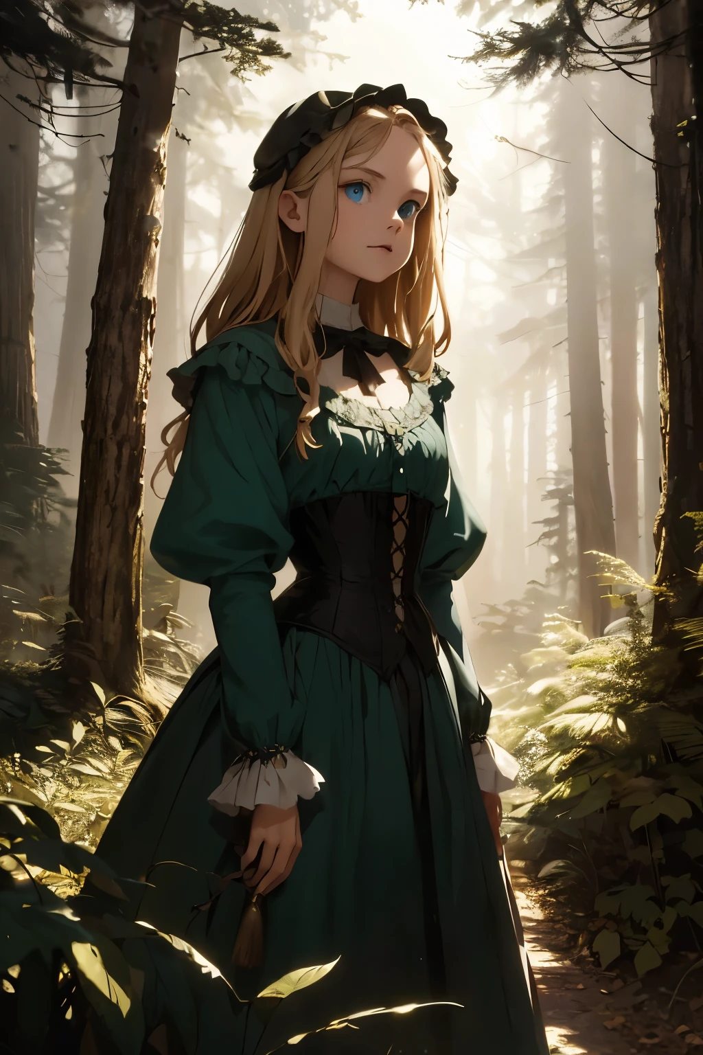 wide angle, detailed reproduction of a forest surrounded by fog up to a height of one meter. clear starry sky with a big full moon, bare trees, winter, two girls, (Virginia Otis, 15 years old (blond hair, blue eyes)) pose with (16 years old Georgie Gerald (blond hair, green eyes)). Victorian style. thin, cute face, walks at night in Canterville Castle (inspired by the novel The Canterville Ghost). aged 1887, Victorian fantasy