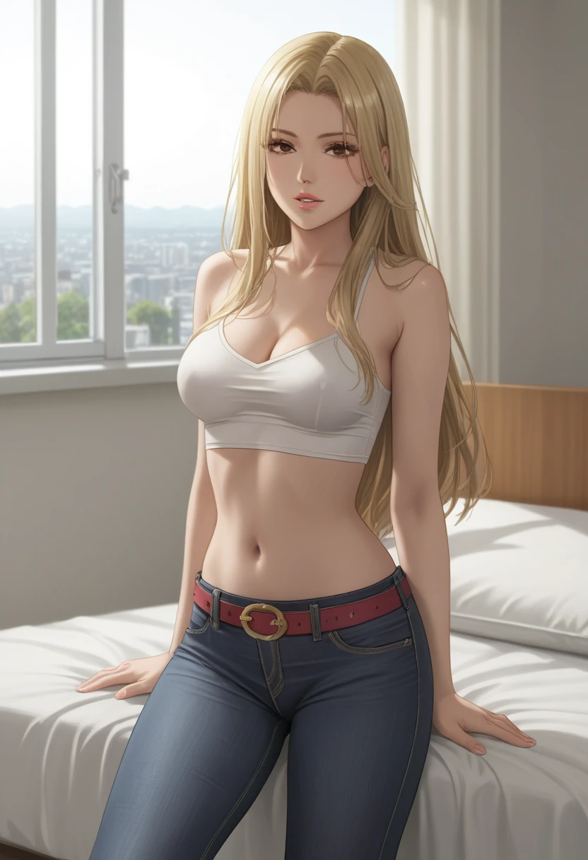 score_9_up, score_8_up, score_7_up, 1girl, solo, mature female,((Tsukumo Yuki)), ((blonde long hair)), brown eyes, pink lips, parted lips, fit slim body,(((perfect erected medium breast))) (((black tight top, tight jeans, belt))), (((highly detailed bedroom, window, bed))), perfect fit model body, seductive pose