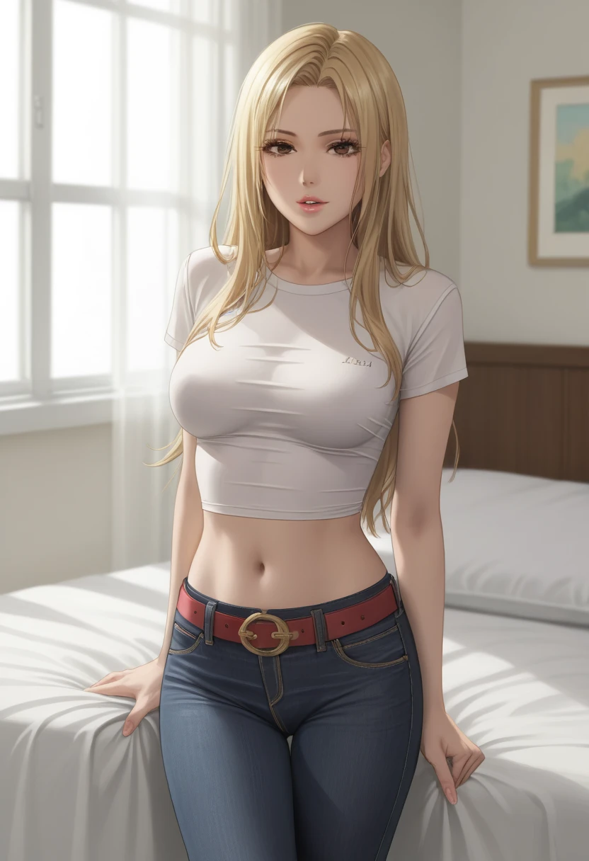 score_9_up, score_8_up, score_7_up, 1girl, solo, mature female,((Tsukumo Yuki)), ((blonde long hair)), brown eyes, pink lips, parted lips, fit slim body,(((perfect erected medium breast))) (((black tight top, tight jeans, belt))), (((highly detailed bedroom, window, bed))), perfect fit model body, seductive pose